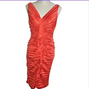 Suzy chin ruched orange ruffle sleeveless satin dress